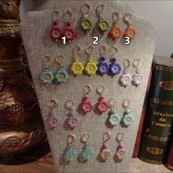 Handcrafted artisanal earrings with whimsical Czech windflowers in 12 colors - Picture 13 of 17